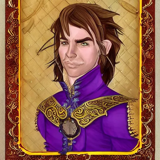 Image similar to d & d realistic painting portrait of a cheerful half elf male bard wearing a ornate purple leather armor. medium length brown hair, well groomed with brown eyes. clean shaven. holding a leather bound book open and writing in it with a fountain pen. sitting at a tavern table. hyper detailed