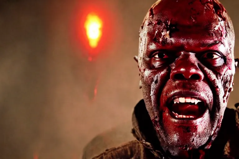 Image similar to samuel l. jackson as a zombie, blood, decay, cinematic lighting, portrait, medium shot, horror movie still