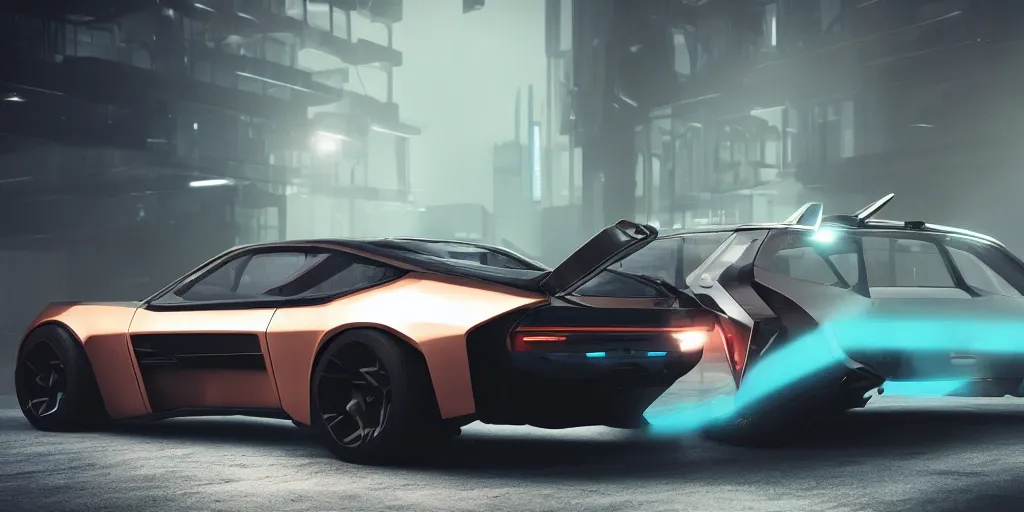 Image similar to a design of a futuristic DMC Delorian, designed by Polestar, blade runner background, back view, copper car paint with dark teal accent detailing, black windows, sportscar, black show room, dramatic lighting, octane rendering, unreal engine rendering, hyper realistic render, depth of field, octane rendering