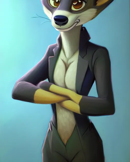 Image similar to oil painting of anthromorphic female wolf, in style of zootopia, zootopia, zootopia, fursona, furry, furaffinity, 4 k, deviantart, furry art, fursona art, wearing black business suit, business suit, in style of zootopia, wolf fursona, cyberpunk, female, very very very expressive detailed feminine face,