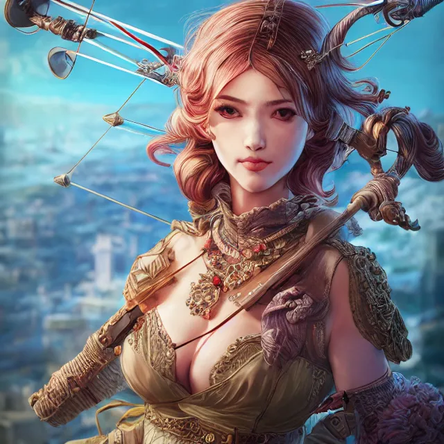 Image similar to the portrait of lawful neutral semi - colorful female archer socialite as absurdly beautiful, gorgeous, elegant, young gravure idol, an ultrafine hyperdetailed illustration by kim jung gi, irakli nadar, intricate linework, bright colors, octopath traveler, final fantasy, unreal engine 5 highly rendered, global illumination, radiant light, detailed and intricate environment