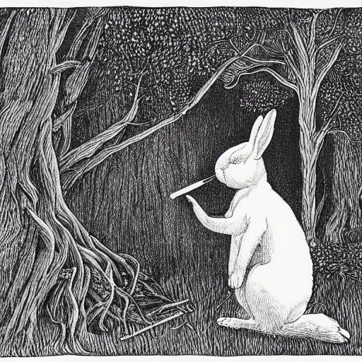 Image similar to precisely drawn, fine detailed, intense line work, drawing of a white bunny smoking a big cigarette in the deep tangled forest, by edward gorey, by gustav dore, black ink on white paper