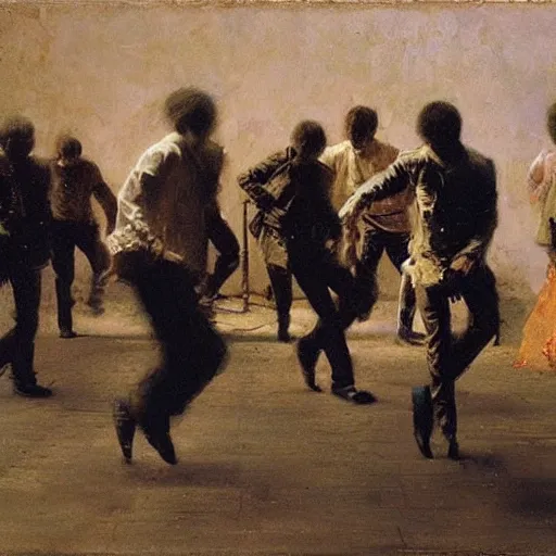 Image similar to a group of teenage boys doing the moonwalk. Ilya Repin and Ruan Jia.