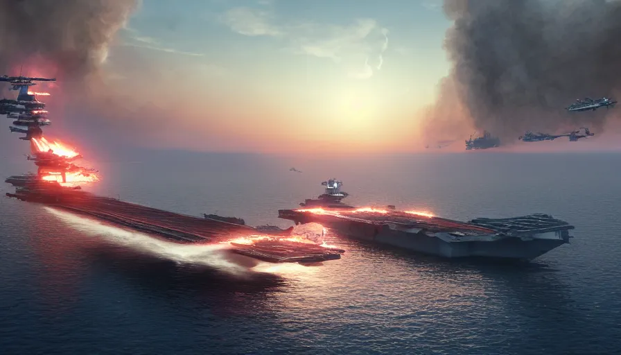 Prompt: burning sinking aircraft carrier with little boats trying to put out the fire at sunset, hyperdetailed, artstation, cgsociety, 8 k