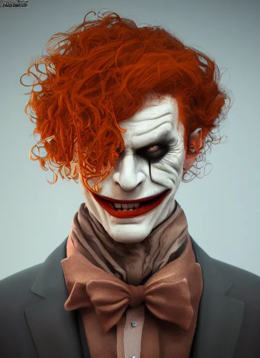 Prompt: portrait of a curly orange hair man looking like joker from batman, au naturel, hyper detailed, digital art, trending in artstation, cinematic lighting, studio quality, smooth render, unreal engine 5 rendered, octane rendered, art style by klimt and nixeu and ian sprigger and wlop and krenz cushart and marvel and dc