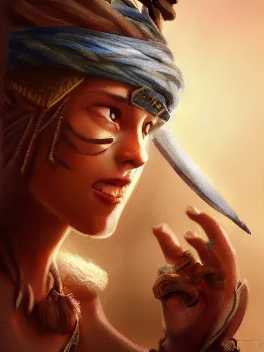 Prompt: a concerned warrior with bandages on the head. intricate, elegant, highly detailed, digital painting, artstation, concept art, sharp focus, illustration, by justin gerard and artgerm, 8 k