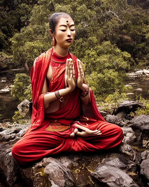 Image similar to contented peaceful female bodhisattva!!, praying meditating, in scenic environment, portrait photograph by peter coulson