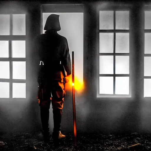 Image similar to a small village at night time, orange glowing light filters out through the windows of the houses and a thin mist has settled around then, a lone guard stands watch armed with a spear and a flaming torch, dramatic, dark moody lighting, high quality