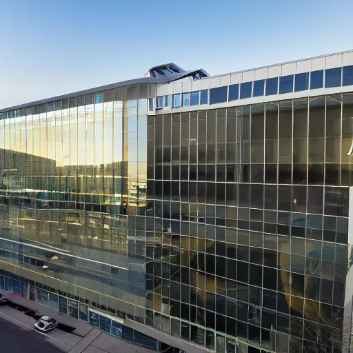 Prompt: wide aerial view, a beautiful office building exterior with sleek modern design by Gensler and large windows, golden hour - W 768