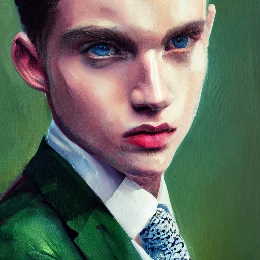 Image similar to A beautiful painting of a young man, blonde, wearing a suit, oil painting, green eyes, gloomy lighting, hyper detailed, trending on artstation