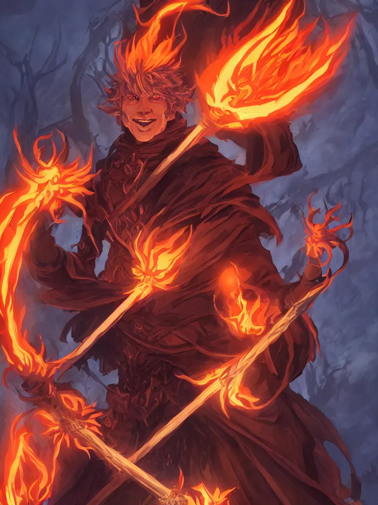 Image similar to dungeons and dragons official art of male fire genasi wizard with pitch black skin, flaming hair, glowing orange eyes, wearing black wizard robes, smug smile, holding a wooden staff, official print, book cover art