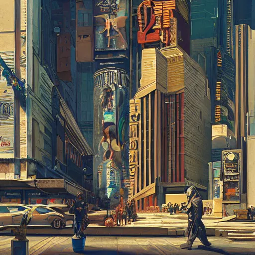 Prompt: detailed painting of cyberpunk vintage newyork, old cmputers on the sidewalk, celestial ephemeral ornaments and greek architecture, artstation, joshua middleton, caravaggio, norm rockwell, cinematic