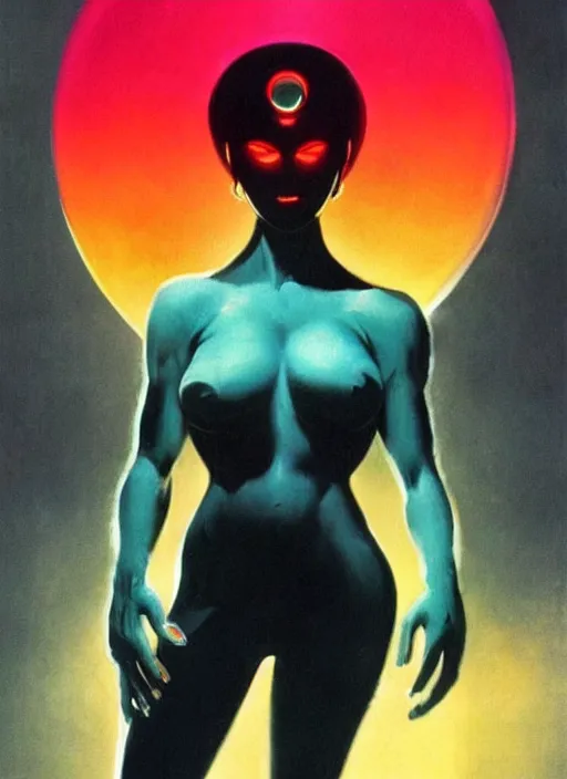 Image similar to female evil android, neon hair, glowing skin, strong line, saturated color, beautiful! coherent! by frank frazetta, high contrast, minimalism