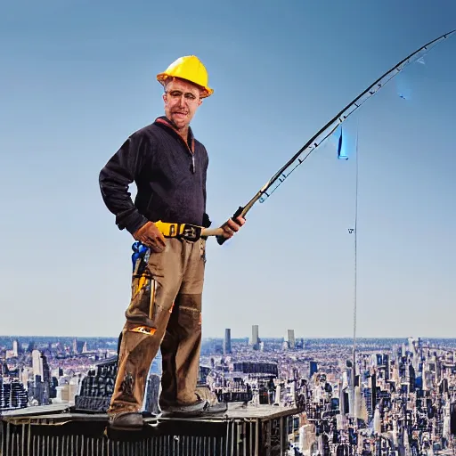 Prompt: closeup portrait of a construction worker with a fishing rod sitting on a metal beam high over new york city, photography, time magazine