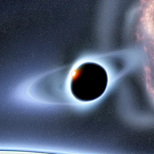 Prompt: Starship in orbit of a black hole, black hole, black hole, accretion disk, credit ESA