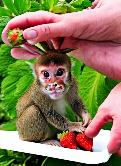 Prompt: Rabbit-capuchin hybrid eating strawberries from a tray with its little grabby hands. Bunny-monkey with opposable thumbs. Shot on iPhone. HD digital photography.