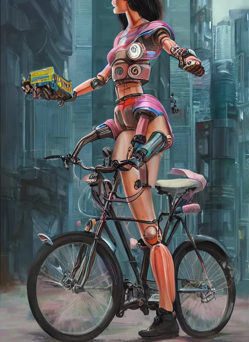 Image similar to An epic fantastic realism comic book style painting of a beautiful girl on a bicycle with robot legs, robotics, long pigtails hair, asian girl, cyberpunk, Concept world Art, ultrarealistic, hyperrealistic, dynamic lighting by Paolo Eleuteri Serpieri