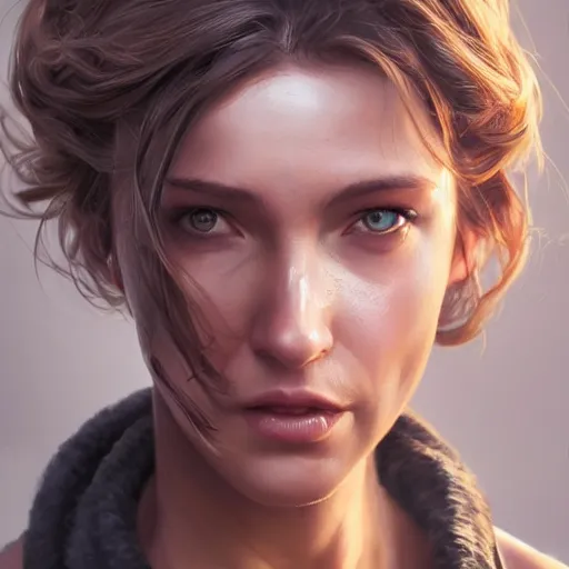 Image similar to a very beautiful woman with muscles, digital art, photorealistic, unreal engine, 8 k resolution, artstation, beautiful face, pretty face, very detailed eyes, by wlop, greg rutkowski, simon bosley