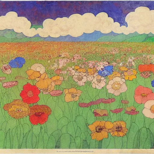 Image similar to Henry Darger colorful drawing, flowers, clouds