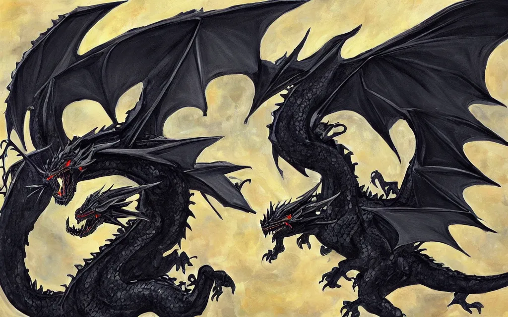 Image similar to “a painting of a singular large black dragon in flight”