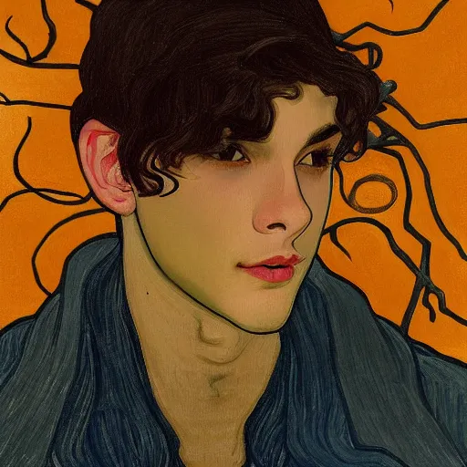 Image similar to painting of young cute handsome beautiful dark medium wavy hair man in his 2 0 s named shadow taehyung at the halloween pumpkin jack o'lantern party, depressed, melancholy, autumn, japan, elegant, clear, painting, stylized, delicate, soft facial features, delicate facial features, soft art, art by alphonse mucha, vincent van gogh, egon schiele