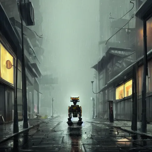 Prompt: robot greyhound in rainy post-apocalyptic city street , digital art, trending on artstation,