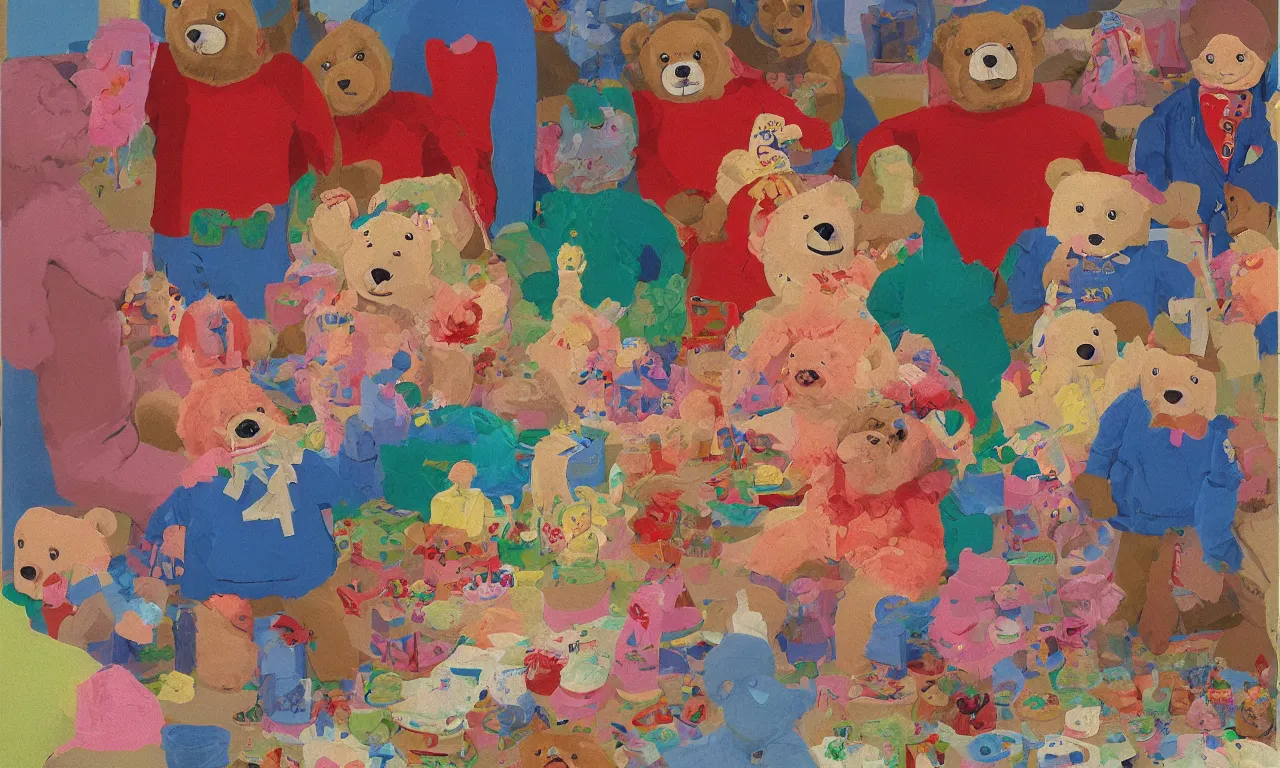 Prompt: a teddy bear birthday party, from the terrifying and incomprehensible beyond, body horror, by david hockney, technicolor