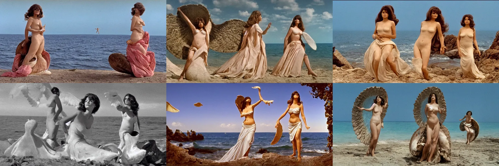 Prompt: Still of an Italian movie (1974) showing Claudia Cardinale standing up on a large shell in front of the sea in the style of the Birth of Venus. Two male angels fly on the left side and the right side to offer her a dress. Technicolor, cinematic, intricate