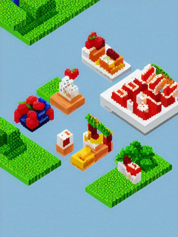 Image similar to miniature isometric pixel art diorama of yogurt with fruits