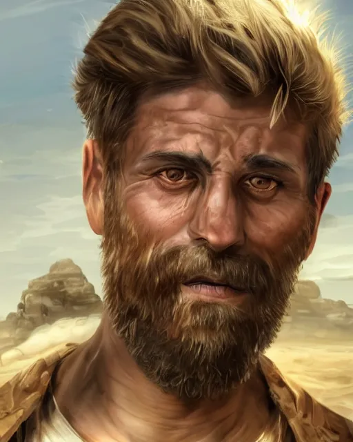 Image similar to portrait of muscular, tired and alcoholic 3 0 - year - old handsome man with short darkblonde hair, serious sad look in his eyes, dirty beard, blue eyes, wearing dirty soldier uniform, on the desert, hyper realistic face, beautiful eyes, character art, art by mark brooks, hyperdetailed, cryengine, trending on artstation, digital art