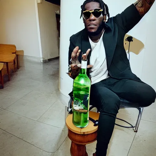 Prompt: burna boy, at church, rolling a cigarette, with a bottle of liquor next to him