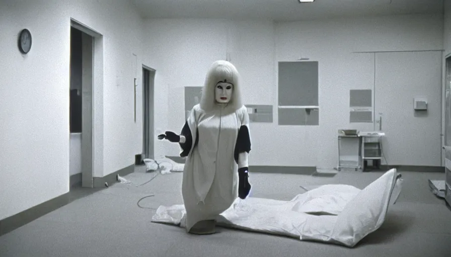 Image similar to 60s movie still of a white japanese female phantom with gigantic arms in an empty hospital with light yellow walls, eastmancolor, heavy grain, high quality, higly detailed, liminal space