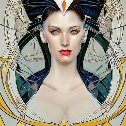 Prompt: a streamline moderne, art nouveau, multi - ethnic and multi - racial portrait in the style of charlie bowater, and in the style of donato giancola, and in the style of charles dulac. intelligent, expressive eyes. symmetry, ultrasharp focus, dramatic lighting, semirealism, intricate symmetrical ultrafine background detail.