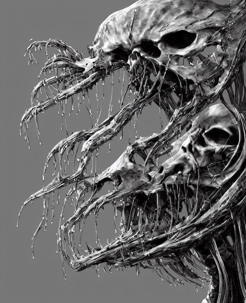 Prompt: close-up macro portrait of the face of a beautiful princess with animal skull mask, epic angle and pose ribcage, skeleton, symmetrical artwork, 3d with depth of field, blurred background, cybernetic jellyfish female face skull phoenix bird, translucent, nautilus, energy flows of water and fire. a highly detailed epic cinematic concept art CG render. made in Maya, Blender and Photoshop, octane render, excellent composition, cinematic dystopian brutalist atmosphere, dynamic dramatic cinematic lighting, aesthetic, very inspirational, arthouse. y Greg Rutkowski, Ilya Kuvshinov, WLOP, Stanley Artgerm Lau, Ruan Jia and Fenghua Zhong