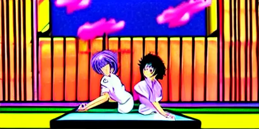 Image similar to girls playing ping pong in california, sprite, vaporwave nostalgia, directed by beat takeshi, visual novel cg, 8 0 s anime vibe, kimagure orange road, maison ikkoku, sketch by osamu tezuka, directed by makoto shinkai and beat takeshi