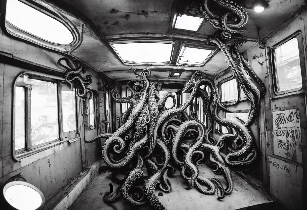 Image similar to a busy subway wagon, there is a huge monster octopus on the interior, tentacles creeping in through the windows and gaps, people are scared and screaming while trying to flee through the windows, 1 6 mm lens,