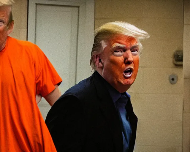 Image similar to donald trump wearing orange prison clothes locked up in an asylum, cinematic masterpiece, octane, dramatic lighting, very detailed