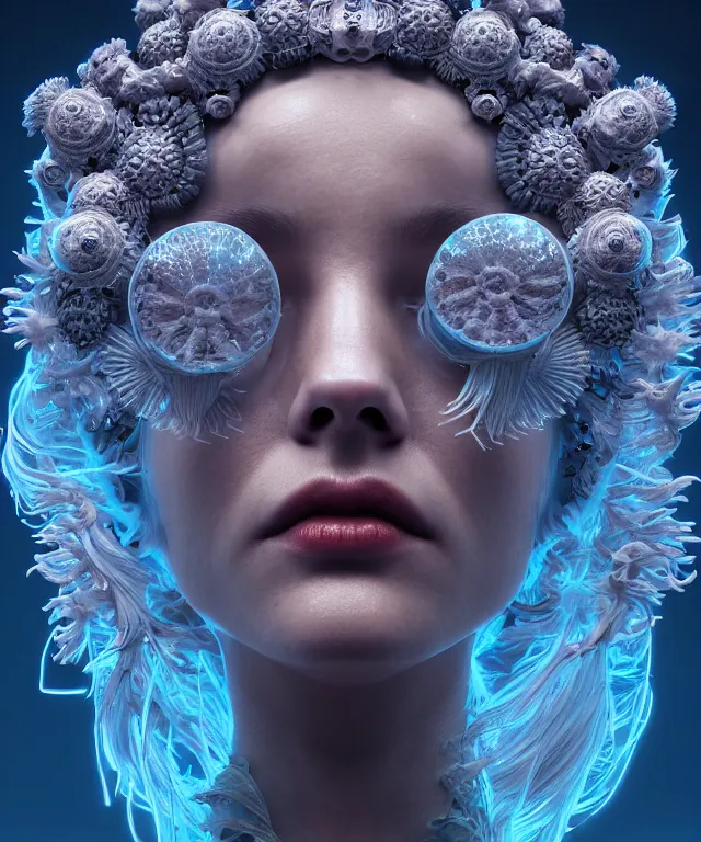 Image similar to symmetrical, centered, goddess close-up portrait wigh crown made of skulls. betta fish, phoenix, bioluminiscent creature, intricate artwork by Tooth Wu and wlop and beeple. octane render, trending on artstation, greg rutkowski very coherent symmetrical artwork. cinematic, hyper realism, high detail, octane render, 8k