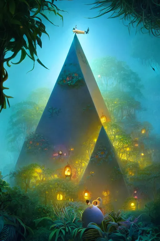 Image similar to a surreal Bioluminescent, very very very cute Jungle Pyramid in a happy world by Daniel Merriam, Trending on Artstation, oil on Canvas by Elena Zhurikhina and Goro Fujita and Charlie Bowater, octane render, 4k, 8k, HD