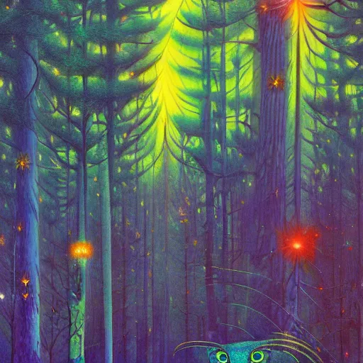 Image similar to psychedelic lush pine forest, outer space, milky way, amber eyes cat eyes designed by arnold bocklin, jules bastien - lepage, tarsila do amaral, wayne barlowe and gustave baumann, cheval michael, trending on artstation, star, sharp focus, colorful refracted sparkles and lines, soft light, 8 k 4 k