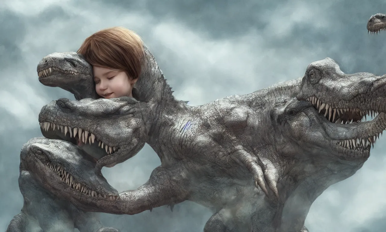 Image similar to portrait of a little girl cuddling with her beloved tyrannosaurus, very high detail, raytracing, back light, raymarching, by ilm, by digital domain, by weta digital