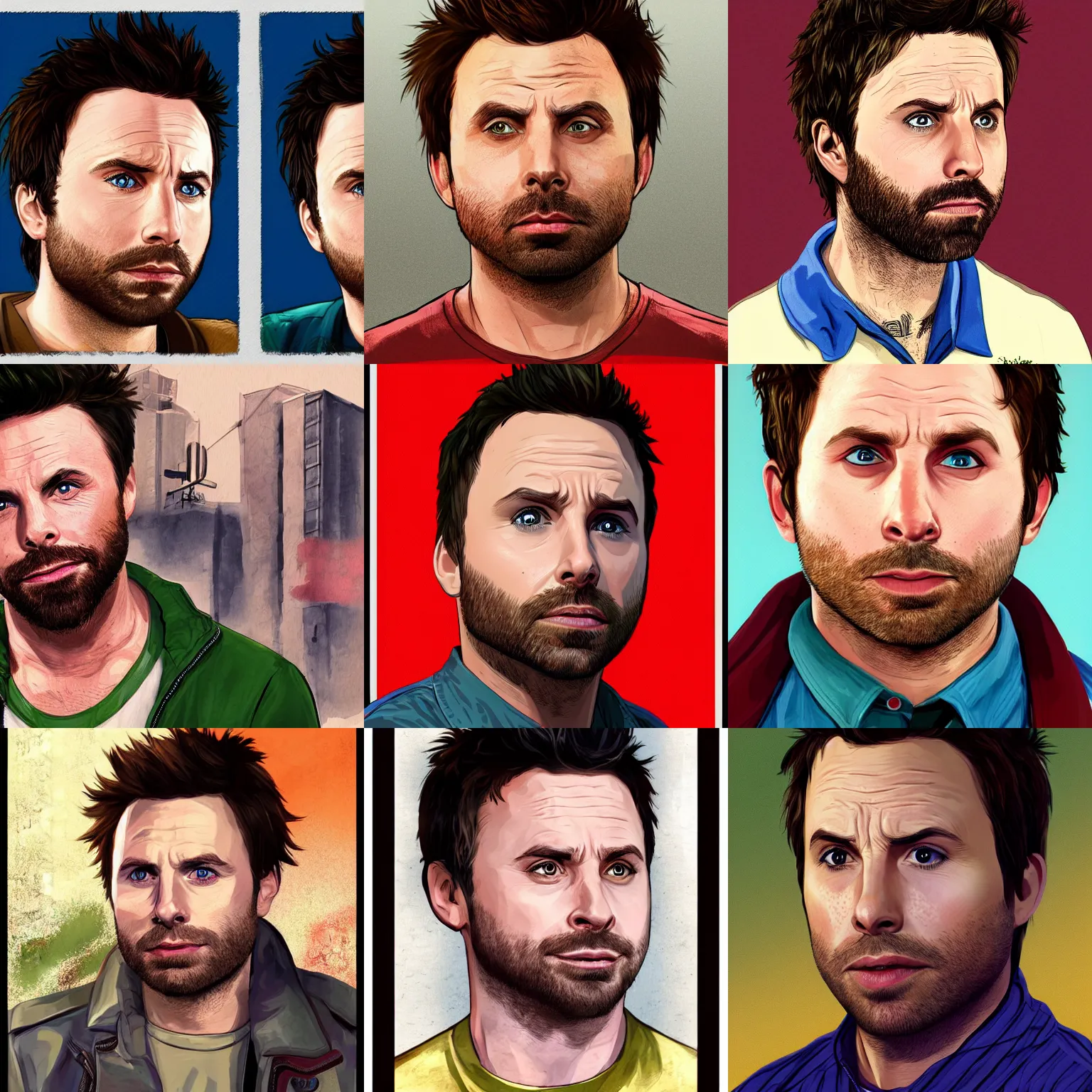 Prompt: a portrait of charlie day, very detailed, high quality, gta promotional art by stephen bliss