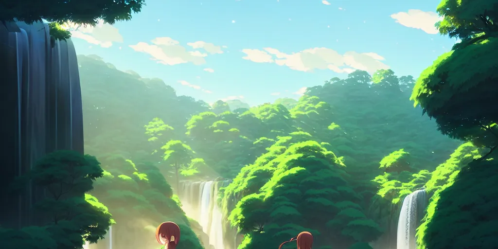 Image similar to evergreen valley, several waterfalls, ancient marble city, tall buildings, landscape, by makoto shinkai and lois van baarle, ilya kuvshinov, rossdraws, tom bagshaw, global illumination, morning light, radiant light, bird's eye view