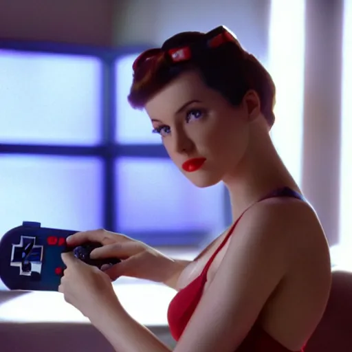 Prompt: a still of a pin up playing with a NES controller, in the movie Minority Report, highly detailed and intricate, cinematic lighting, 4k HDR