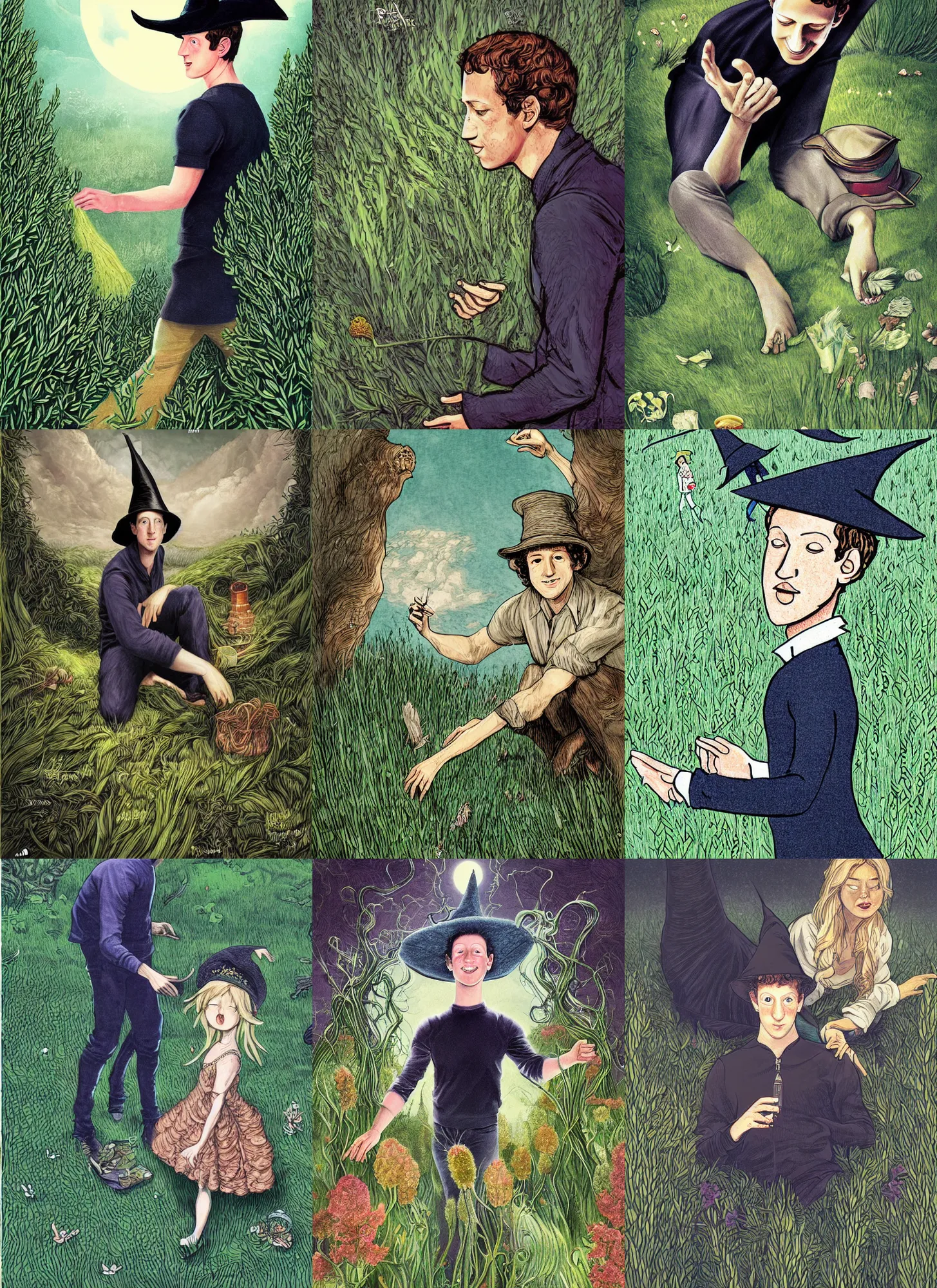Prompt: mark zuckerberg touching grass, in the style of witch hat atelier, intricate cover art illustration, fantasy artwork