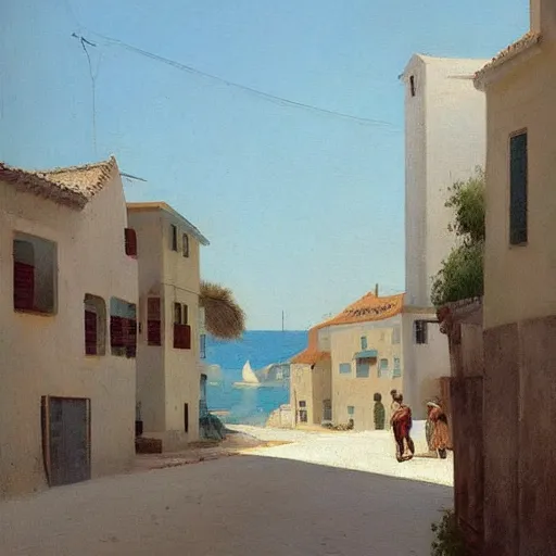 Image similar to a beautiful painting of a mediterranean fishing village in summer by peter ilsted, whitewashed housed, cypress trees, cyan shutters on windows, trending and featured on artstation and behance, people walking down a street