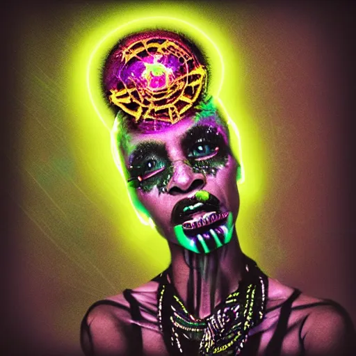 Image similar to dark voodoo priestress with neon tattoo sigils performing a sacred ritual, dark eerie backdrop, realistic digital art, inside a dark evil temple, polaroid pic by hyperrealism