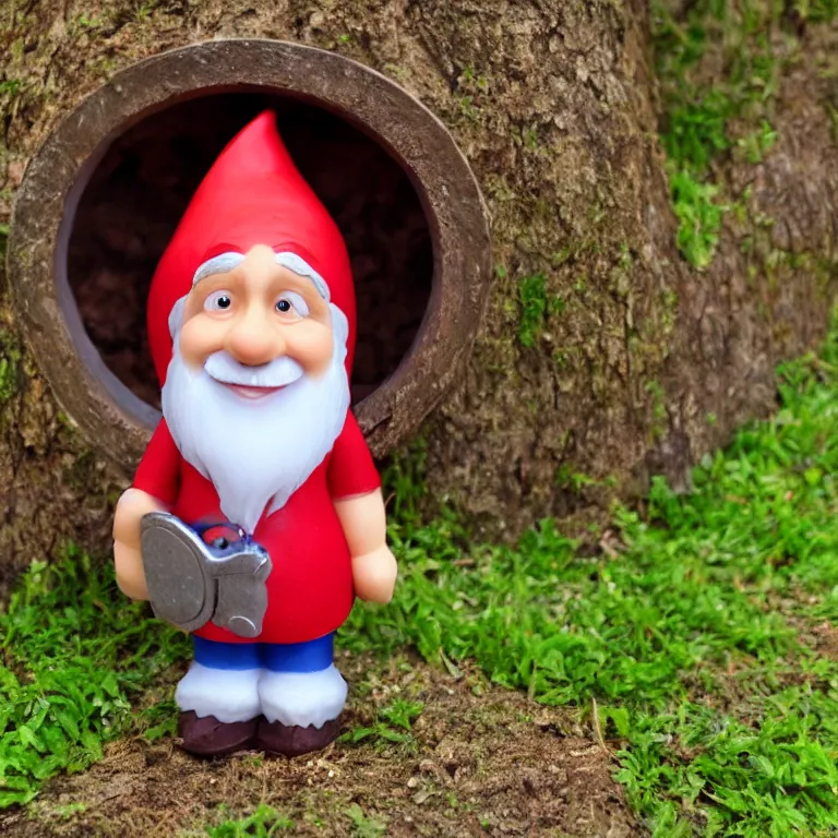Image similar to gnome wearing backpack, standing in front of a circular portal, open to a red world. in the style of Dr. Suess