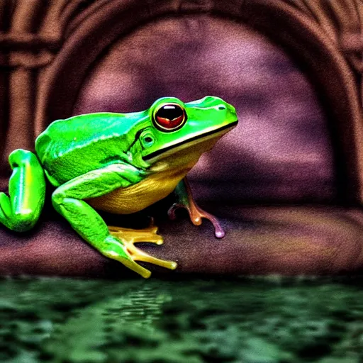 Image similar to a photorealistic frog king sitting on a throne, surrounded by frog servants next on the side of the pond, digital art