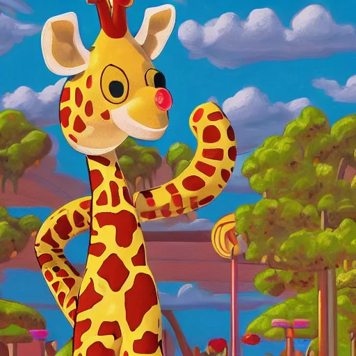 Image similar to Geoffrey the giraffe Toys”R”Us mascot, dynamic lighting, cinematic, establishing shot, extremely high detail, shining, photo realistic, cinematic lighting, intricate line drawings, 8k resolution, oil painting on canvas